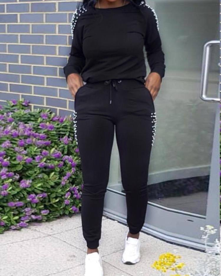 

Beading Embellished Drawstring Pocket Tracksuits