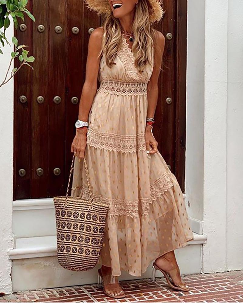 

Glitter Polkadot Lace Insert Sleeveless Maxi Dress, Apricot