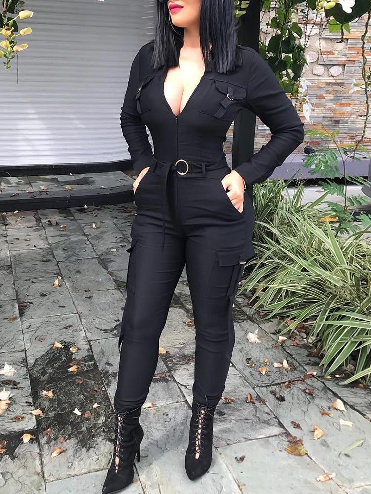 

Plunge Neck Pocket Design Skinny Jumpsuit With Belt, Black