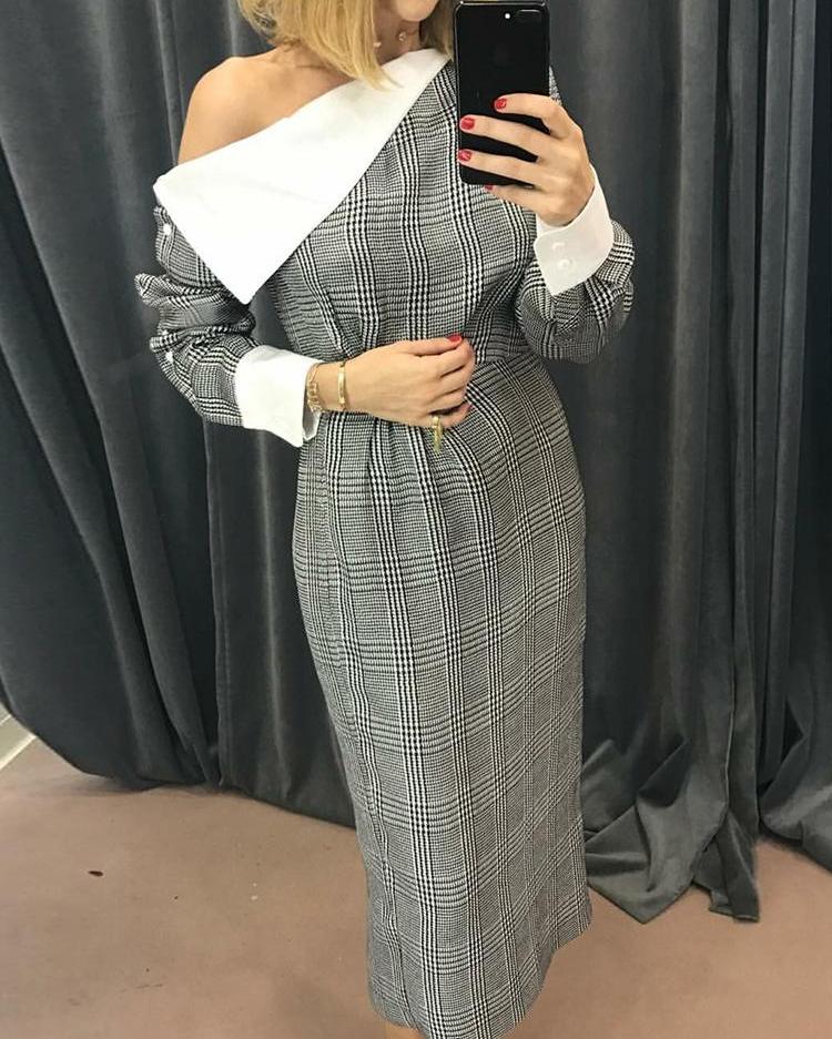 

Contrast Color Plaid One Shoulder Dress