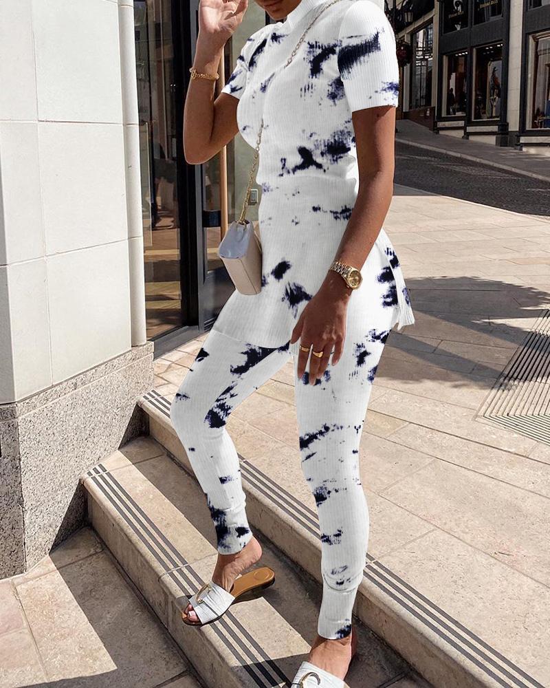 

Round Neck Tie Dye Print Ribbed Sets, White