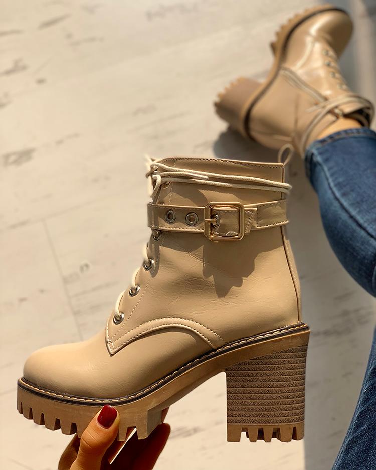 

PU Eyelet Lace-Up Chunky Heeled Boots
