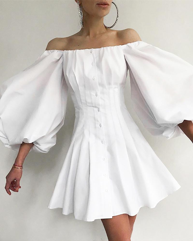

Plain Off Shoulder Button Front Puff Sleeve Ruched Dress, White