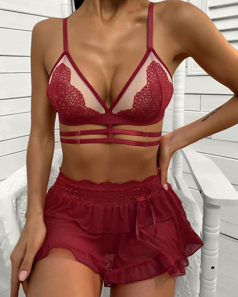 

3PCS Lace Ruffles Sheer Mesh Lingerie Set, Red