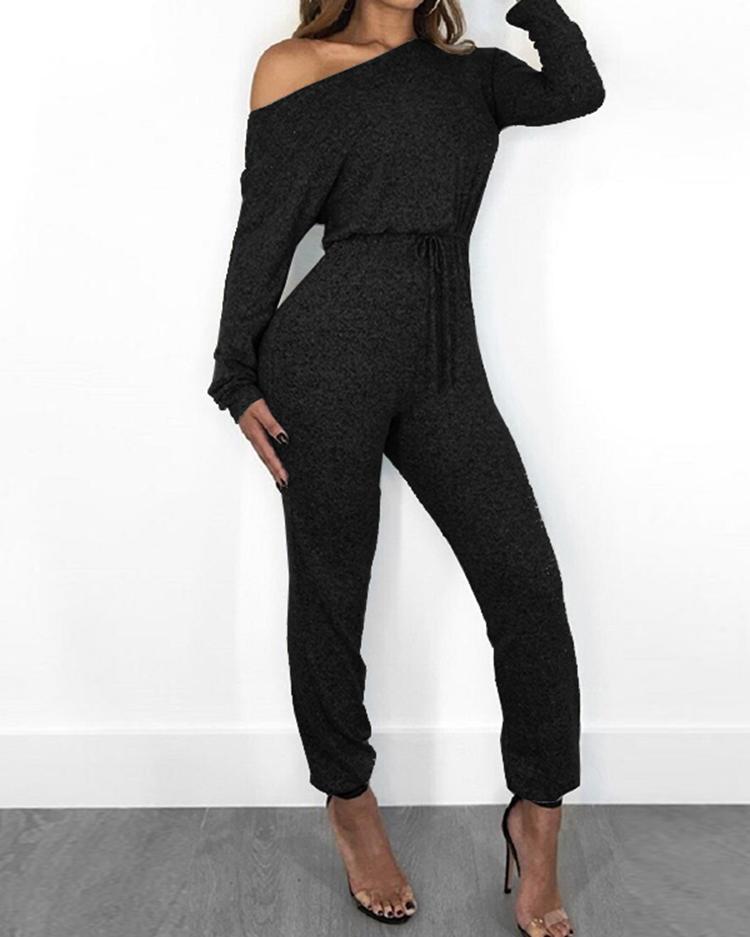 

Solid Skew Neck Drawstring Oversize Jumpsuits, Black