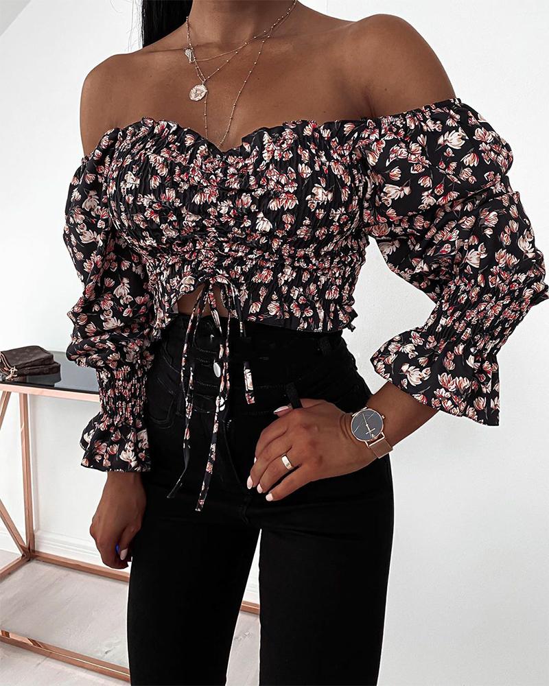 

Floral Ruffles Long Sleeve Drawstring Blouse, Multicolor