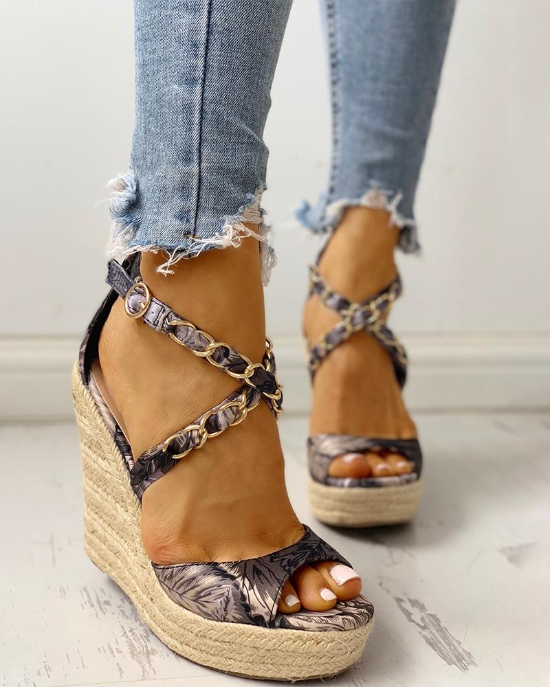 

Floral Chain Detail Platform Wedge Sandals, Gray