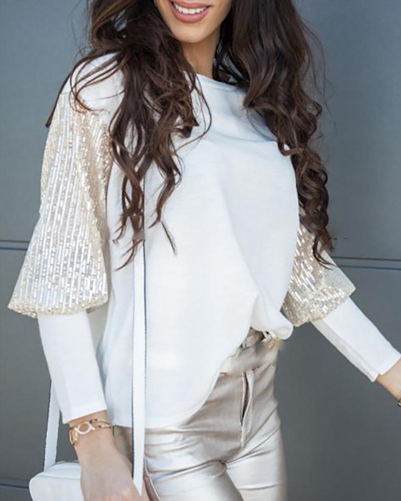 

Sequins Patchwork Lantern Sleeve Blouse, White