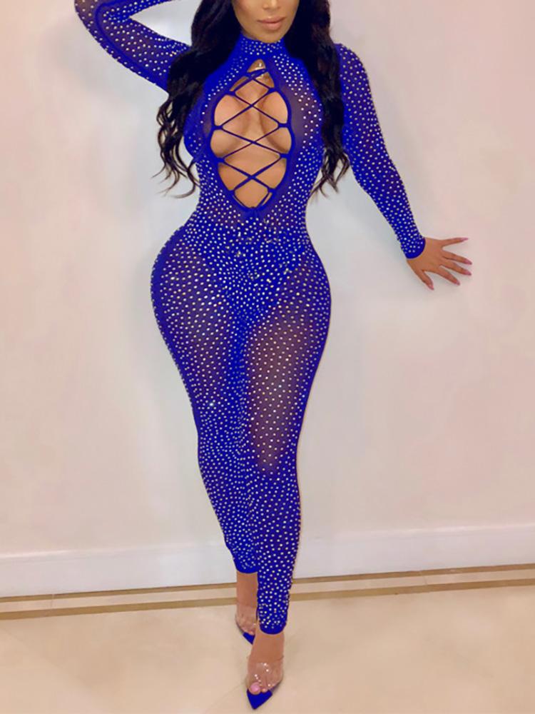 

Hot Drilling Sheer Mesh Lace-Up Jumpsuit, Blue