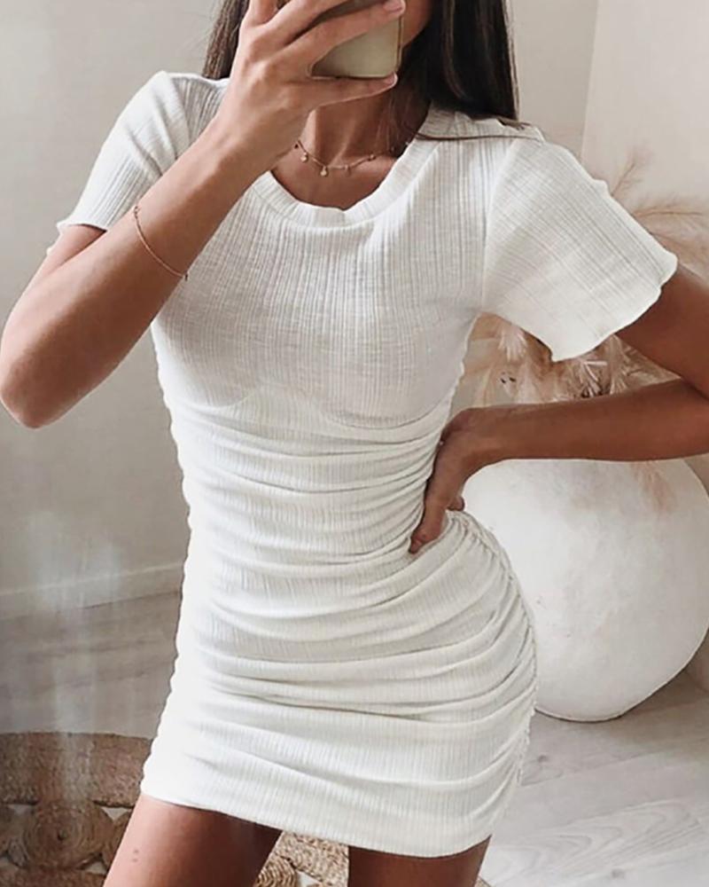 

Short Sleeve Ribbed Mini Dress, White