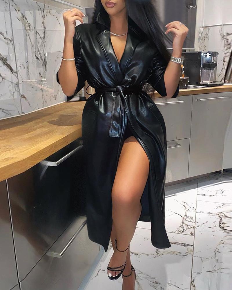 

Plain Long Sleeve PU Leather Longline Coat, Black