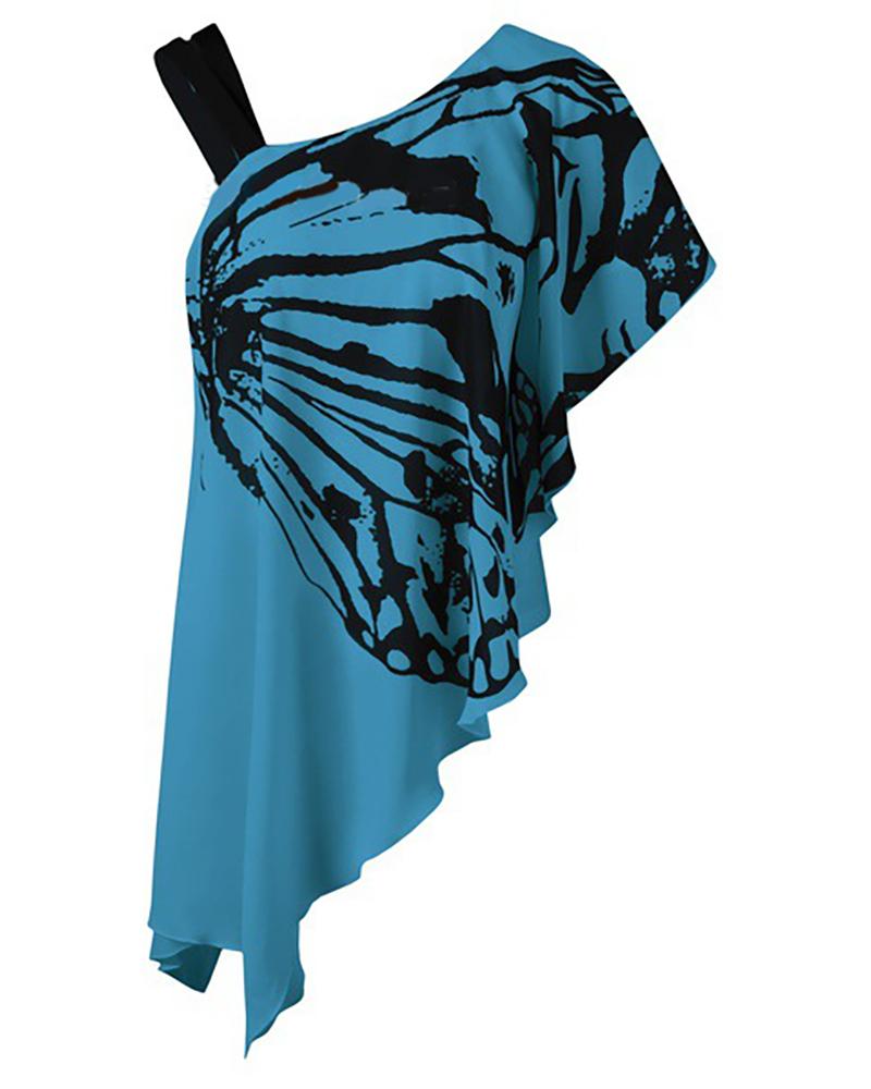 

Butterfly Print One Shoulder Irregular Ruffles T-shirt, Blue