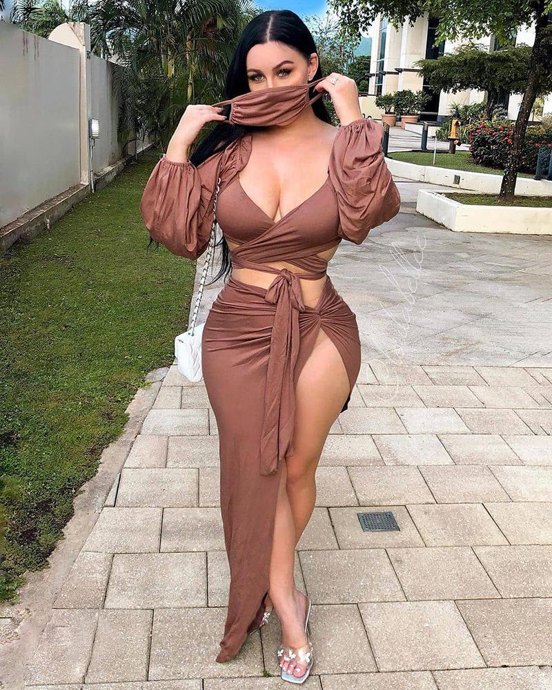 

Plain Lantern Sleeve Tie Detail Crop Top & High Slit Skirt Set, Coffee