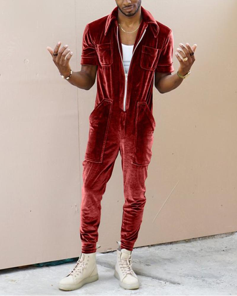 

Solid Color Long Sleeve Jumpsuit With Pockets, Red