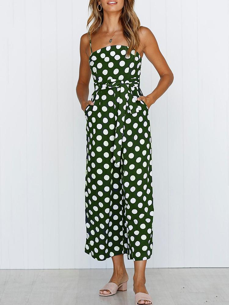 

Dot Spaghetti Strap Tied Waist Wide Leg Jumpsuit, Green