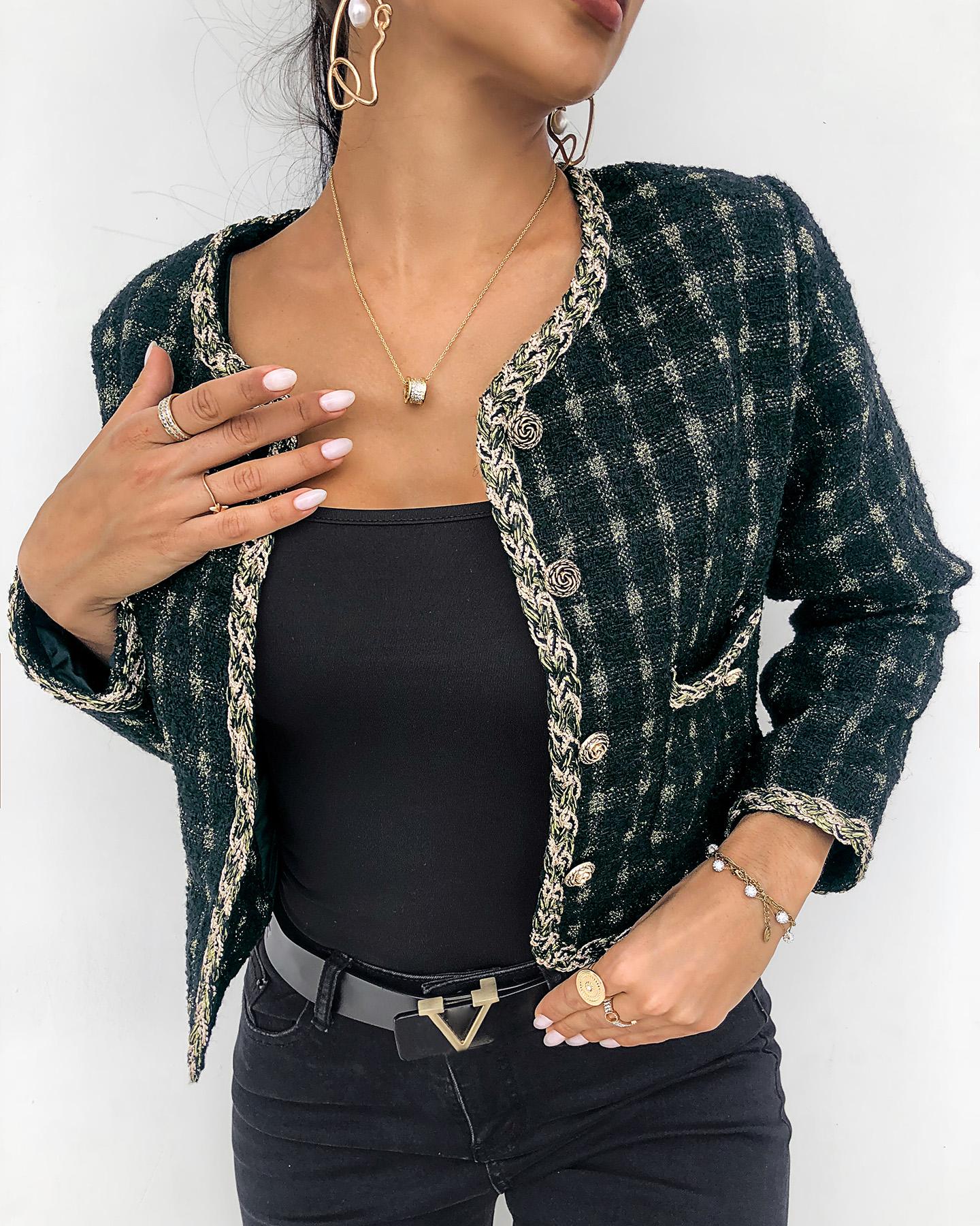 

Button Pocket Design Long Sleeve Plaid Coat, Green