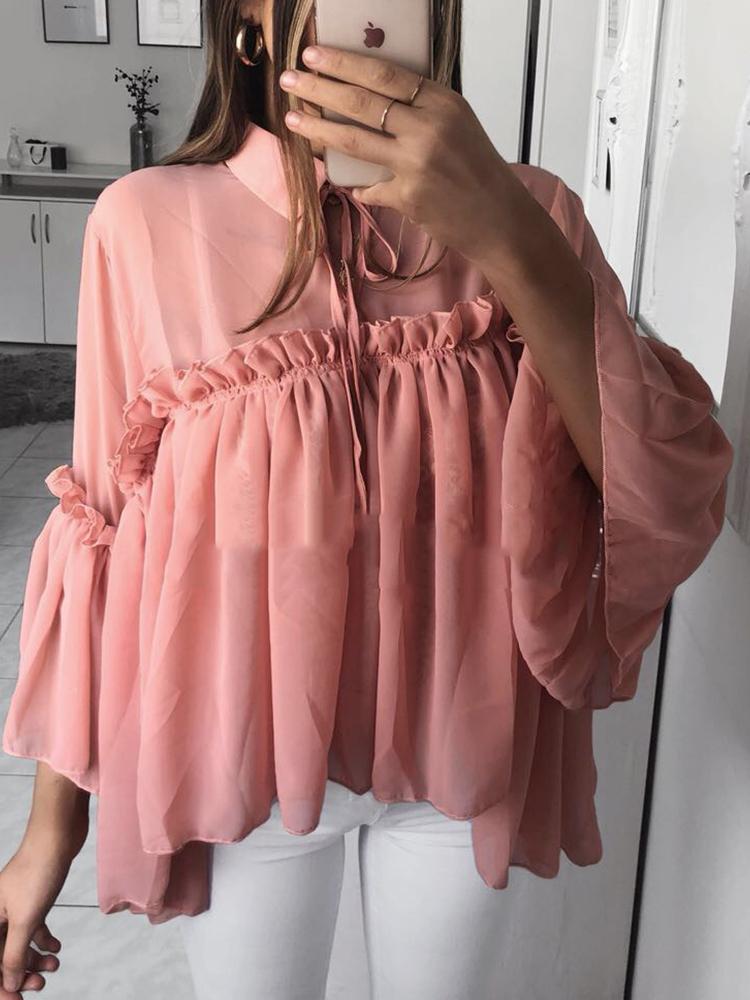 

Tie Neck Frills Flared Sleeve Babydoll Blouse, Pink