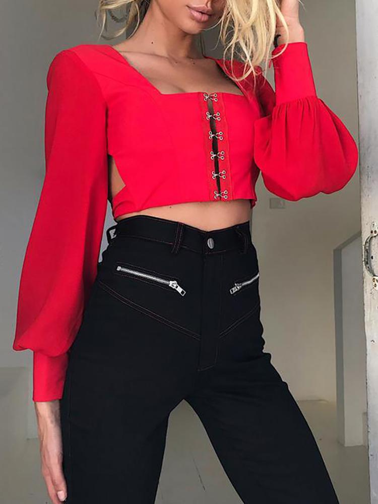 

Metallic Button Open Back Crop Blouse