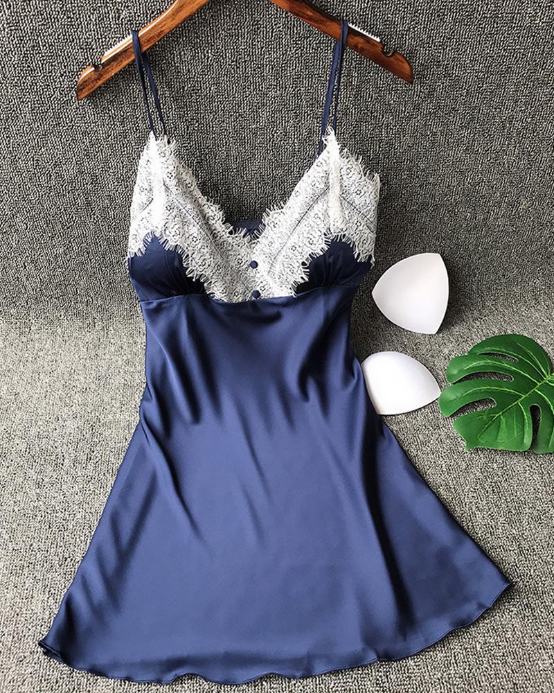 

Lace Trim Patchwork Cami Dress, Dark blue