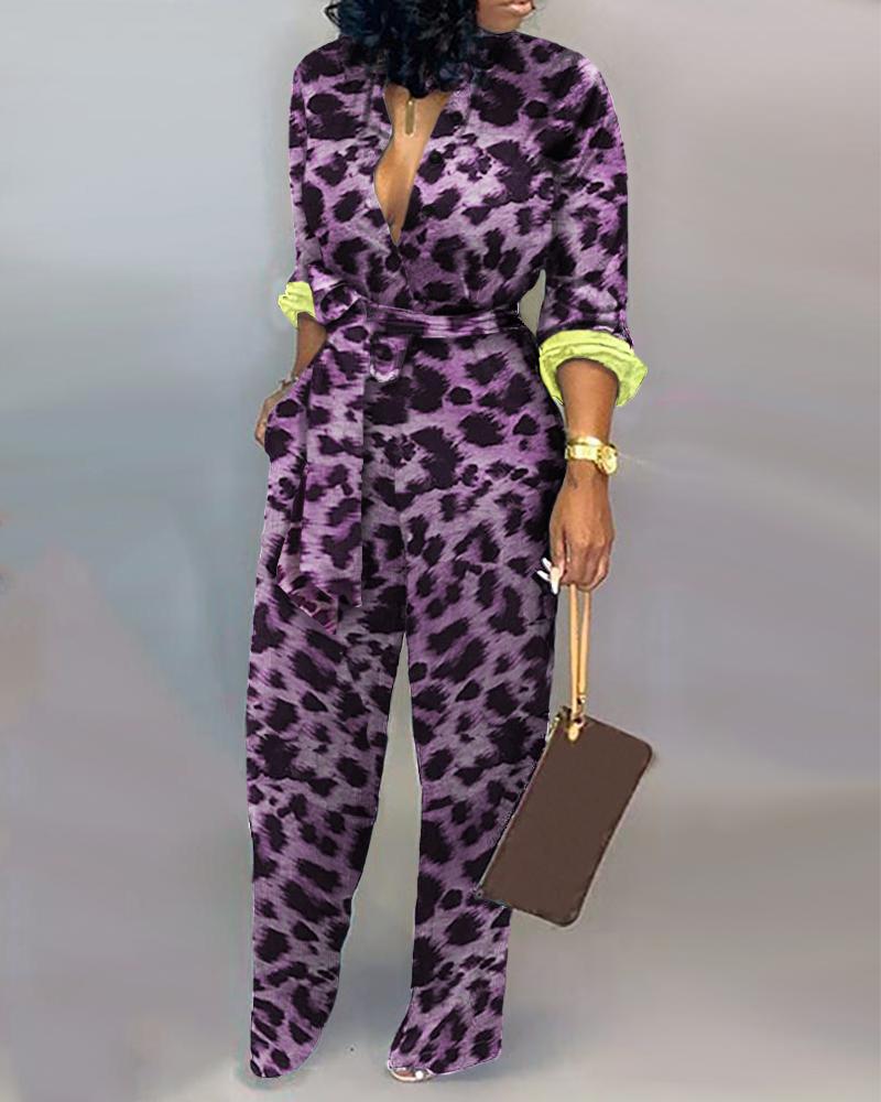 

Leopard Long Sleeve Knotted Jumpsuit, Purple