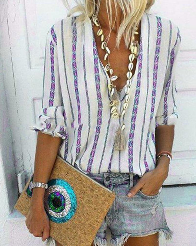 

Striped V-Neck Shirt, Purple