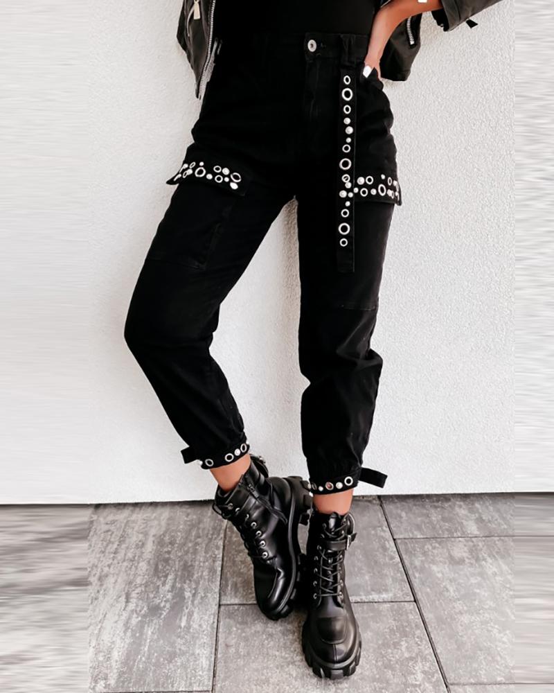

Pocket Design High Waist Cargo Pants, Black