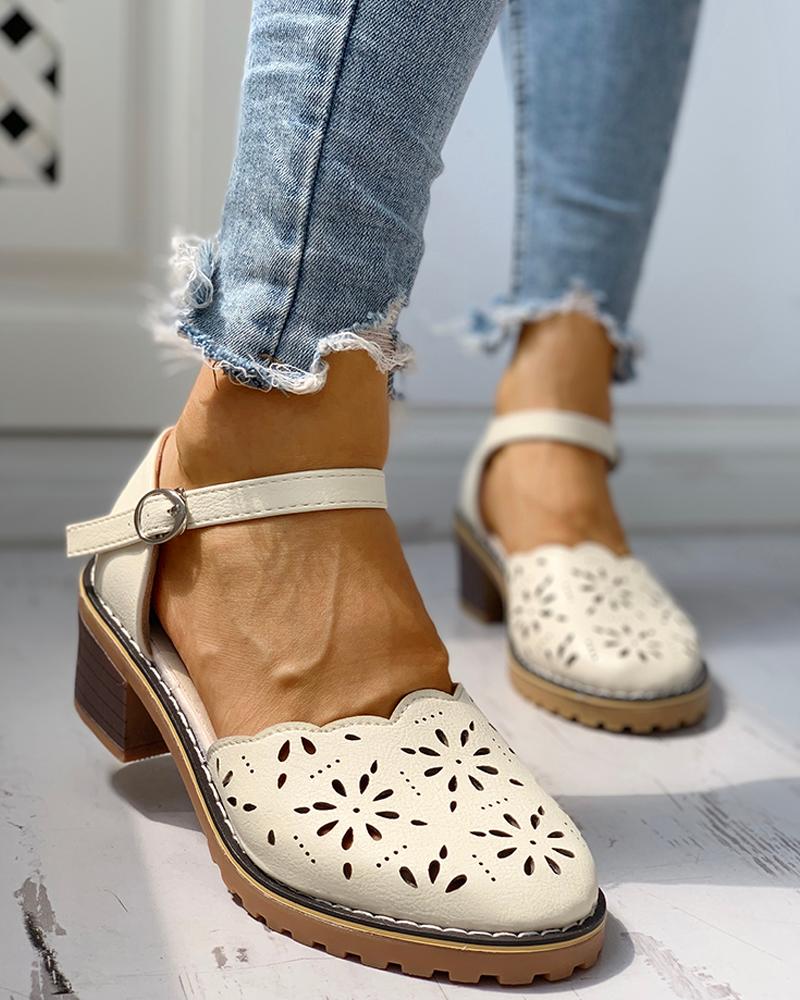 

Solid Hollow Out Design Ankle Strap Chunky Heeled Sandals, Apricot