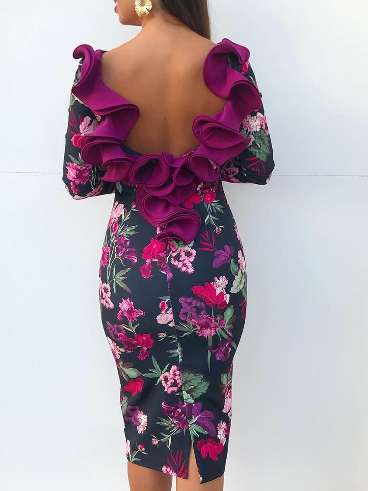 

Floral Print Ruffles Open Back Dress