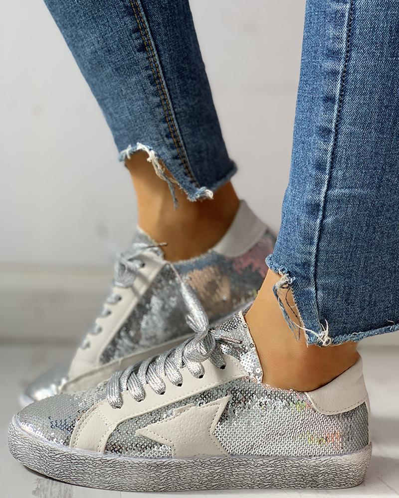 

Glitter Colorblock Star Embellished Lace-up Sneakers, Silver