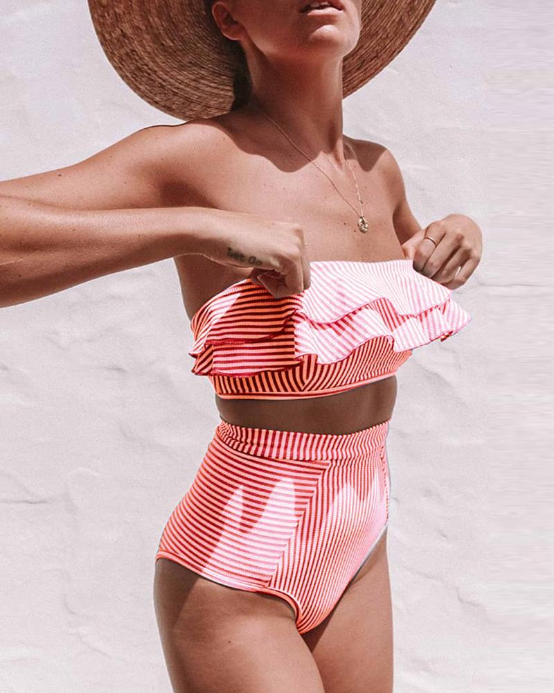 

Striped Print Ruffles Bikini Sets, Red