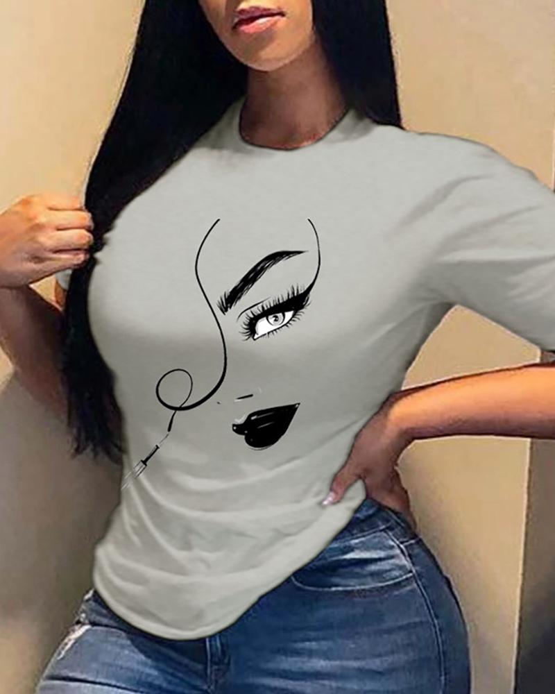 

Figure Print Short Sleeve Casual T-shirt, Gray