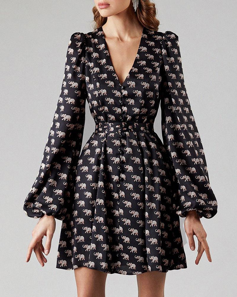 

All Over Print Button Design Lantern Sleeve Dress, Black