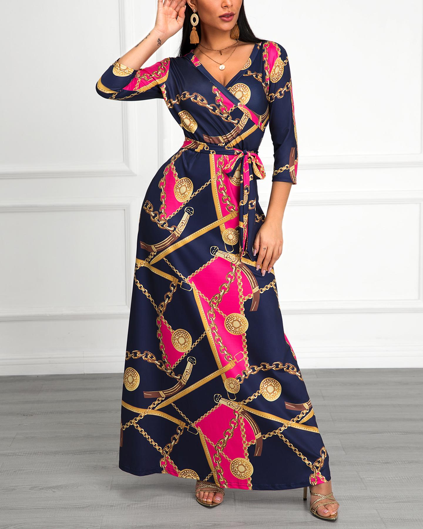 

Chain Printed V-Neck Maxi Dress, Hot pink