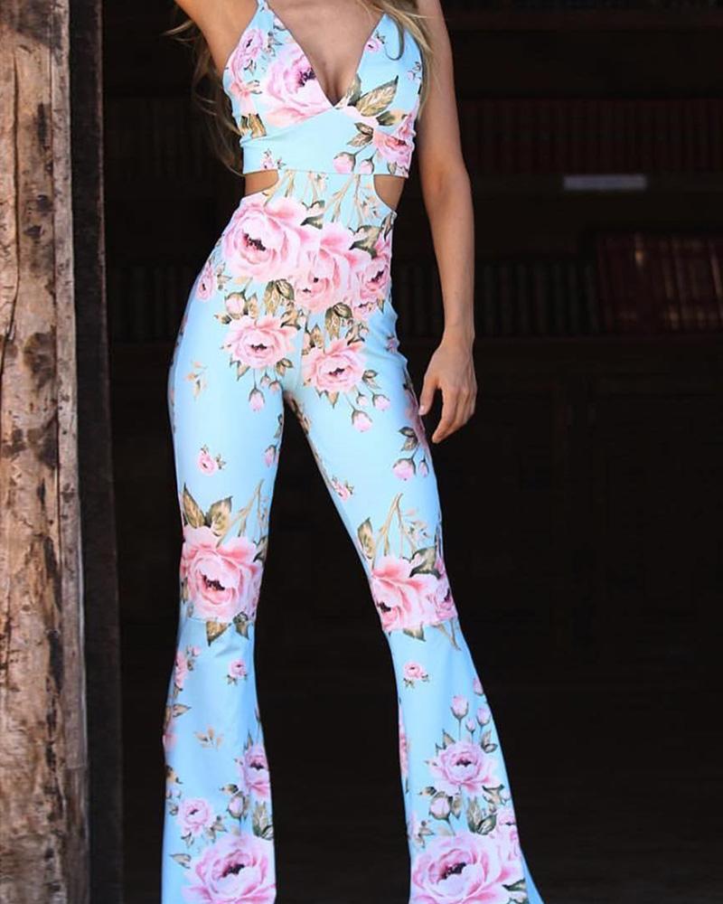

Floral Print Cutout Detail Spaghetti Strap Jumpsuit