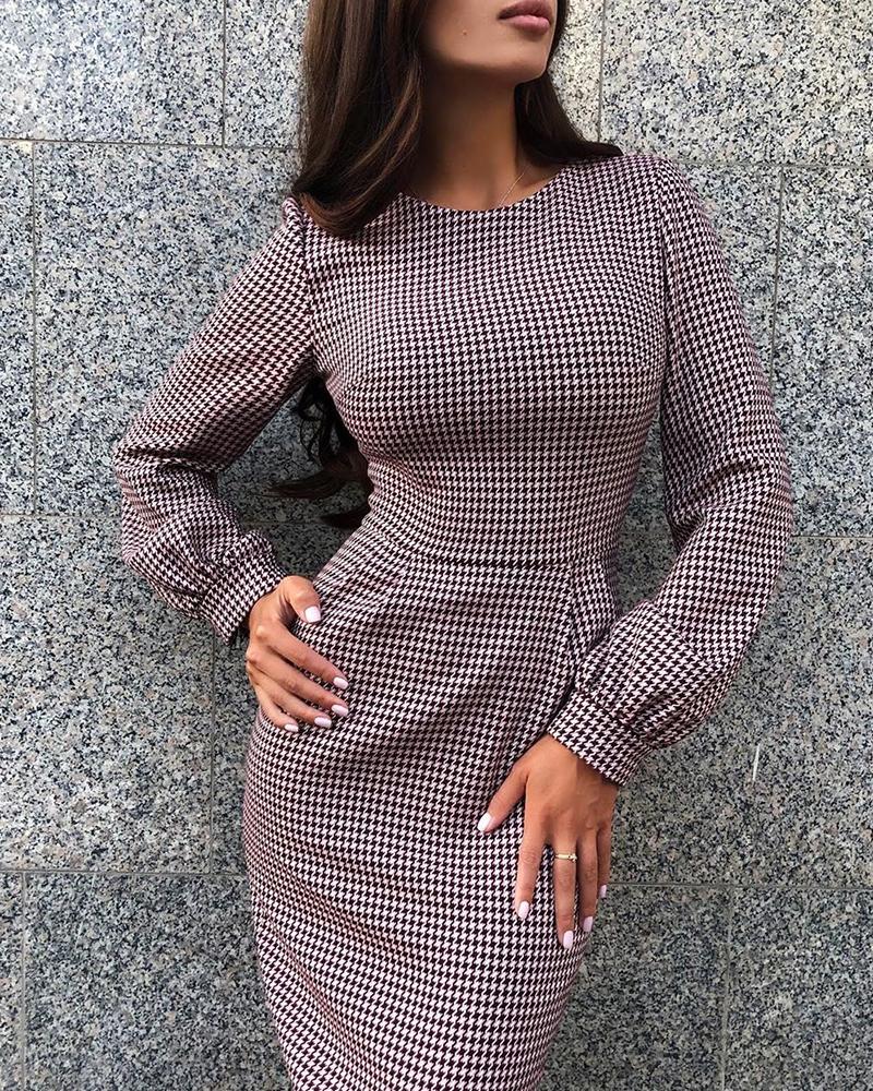 

Grid Long Sleeve Bodycon Dress, Black