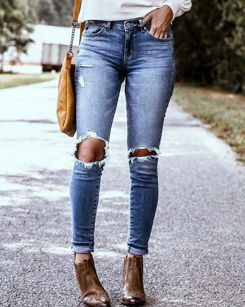 

Pocket Design Cut Out Denim Pants, Blue