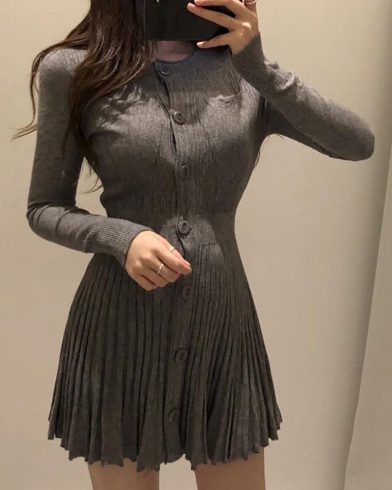 

Solid Round Neck Riibbed Long Sleeve Buttoned Pleated Dress, Gray