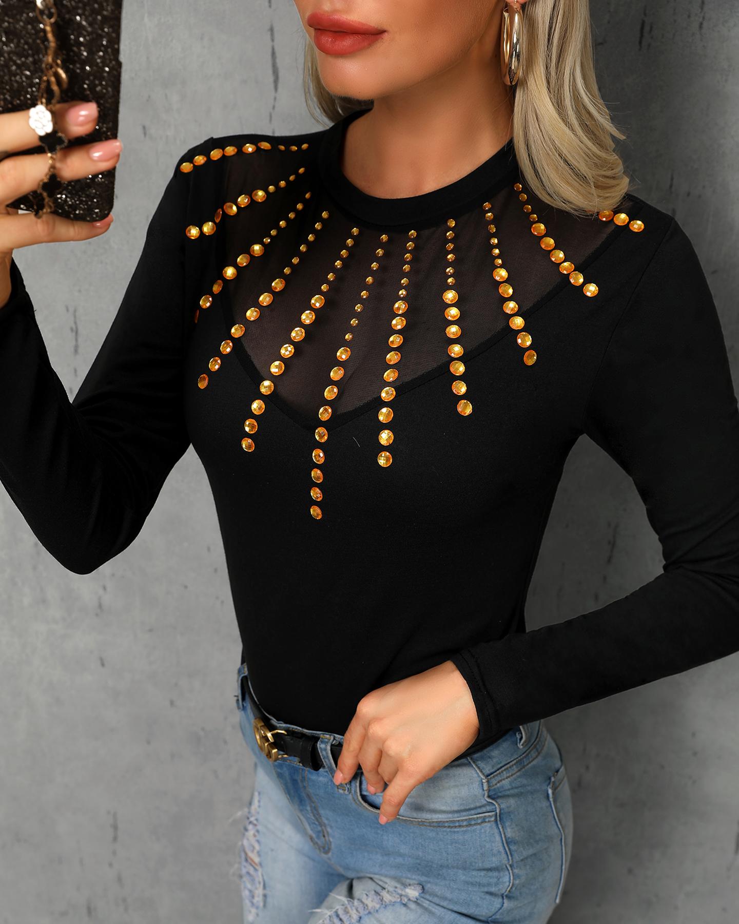 

Studded Embellish Mesh Splicing T-Shirt
