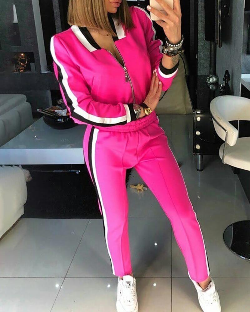 

Side Stripe Zipper Design Tracksuit, Hot pink