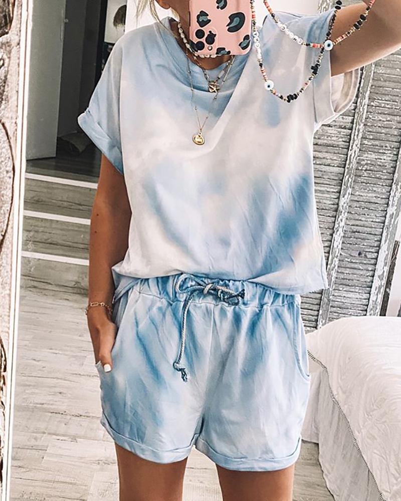 

Tie Dye Print Short Sleeve Top & Shorts Set, Blue