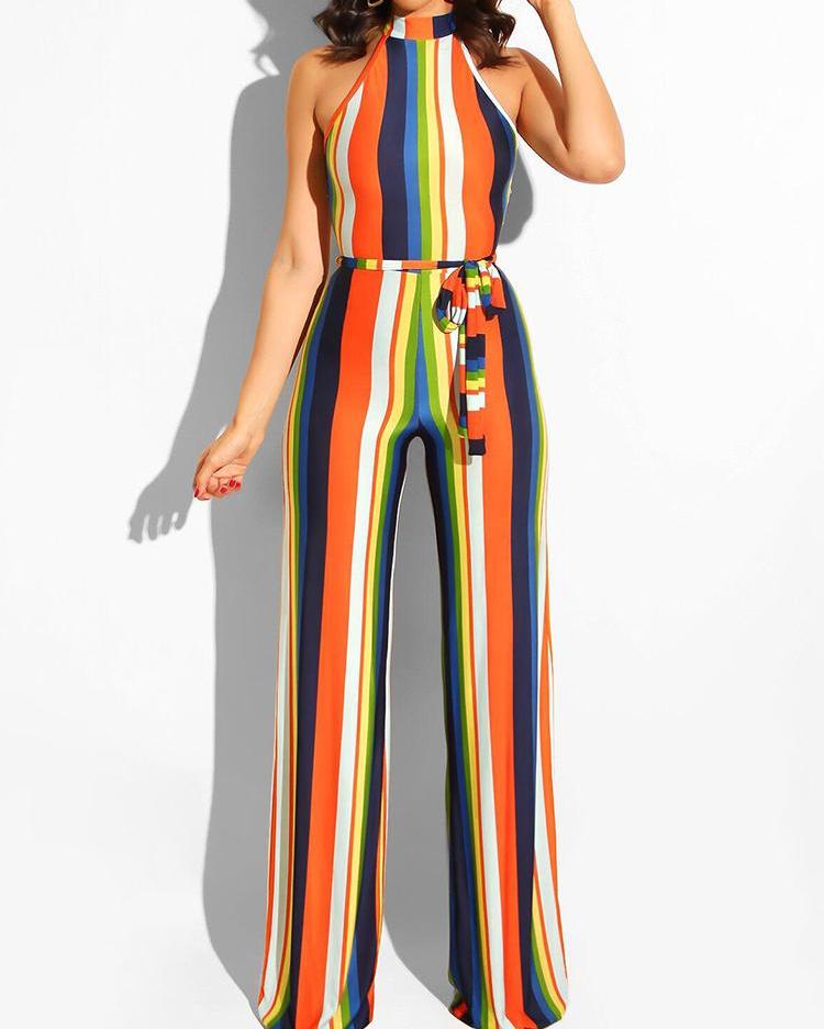 

Colorful Stripes Halter Wide Leg Jumpsuit, Orange