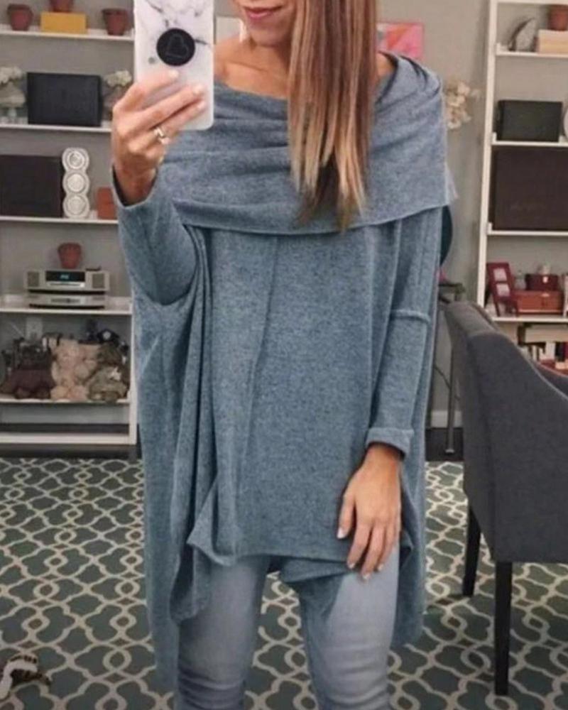 

Solid Off Shoulder Long Sleeve Irregular Hem Blouse, Gray