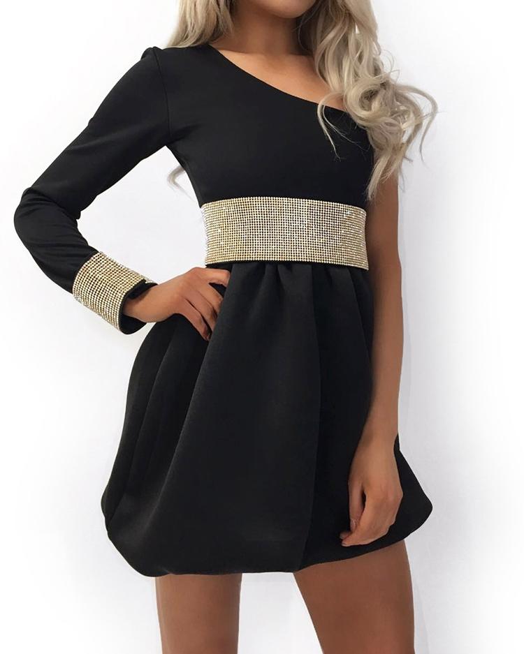 

One Shoulder Gem-Studded Insert Dress, Black