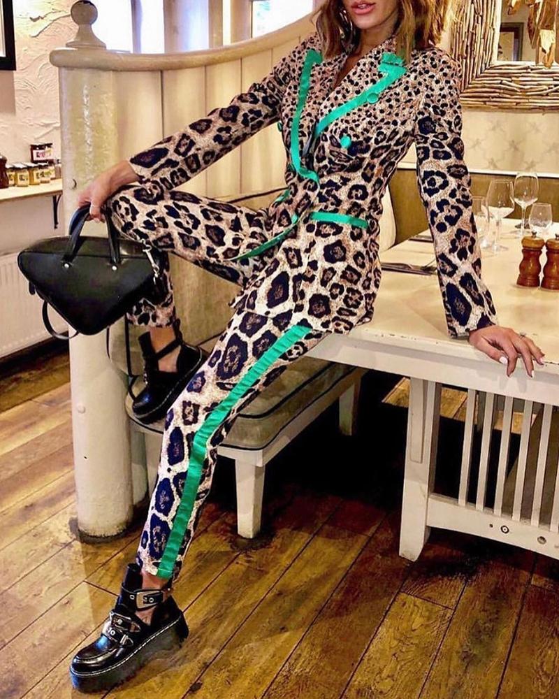 

Leopard Colorblock Buttoned Coat & Pant Sets