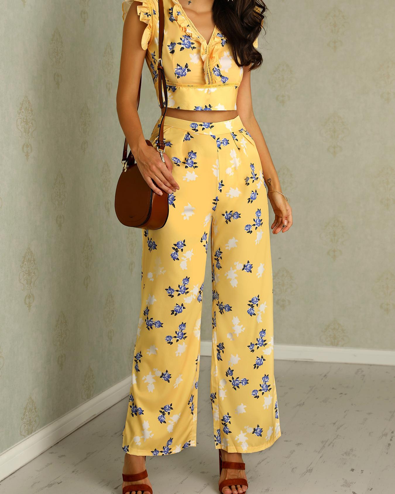 

Floral Print Frills Tie Back Top With Wide Leg Pant Sets, Yellow