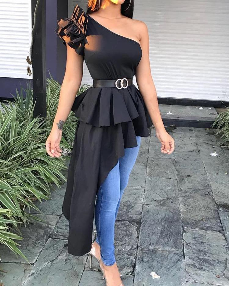 

One Shoulder Ruffles Design Irregular Top