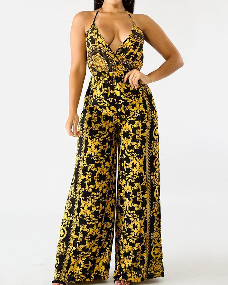 

Baroque Print Halter Backless Wide Leg Jumpsuit, Black