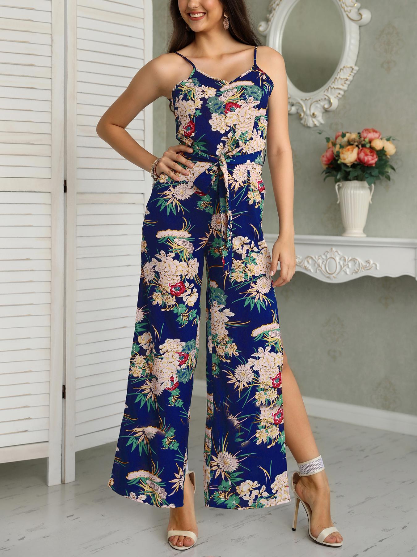 

Floral Print Tied Waist Slit Spaghetti Strap Jumpsuit