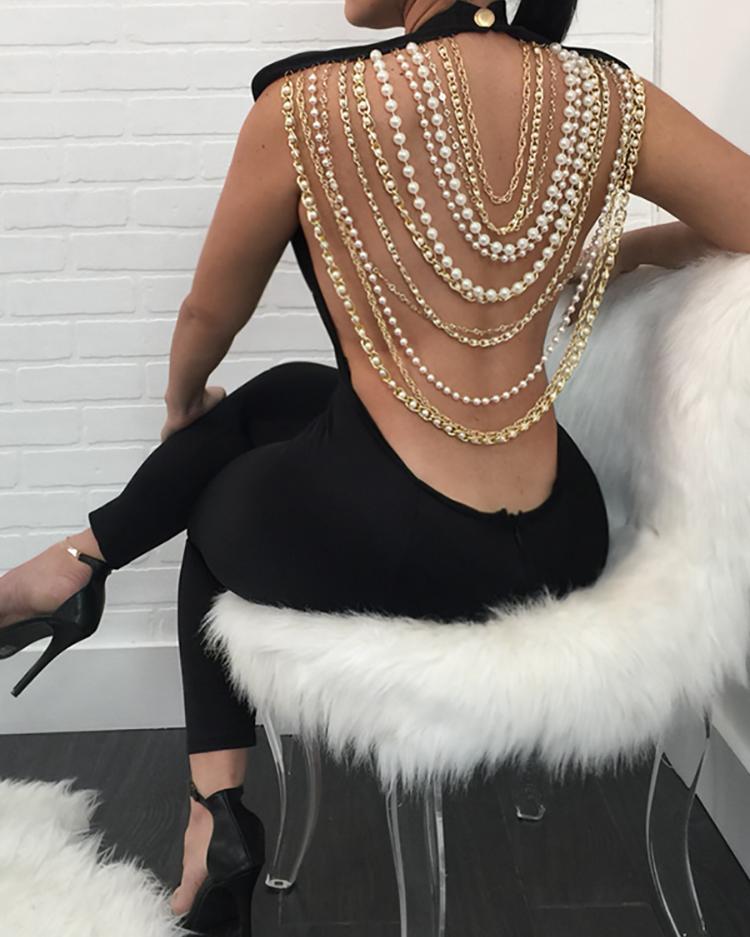 

Sexy Open Back Beading Embellished Jumpsuits, Black