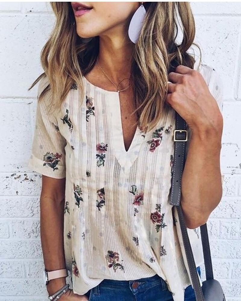 

Floral Print V-neck Casual T-shirt, Beige